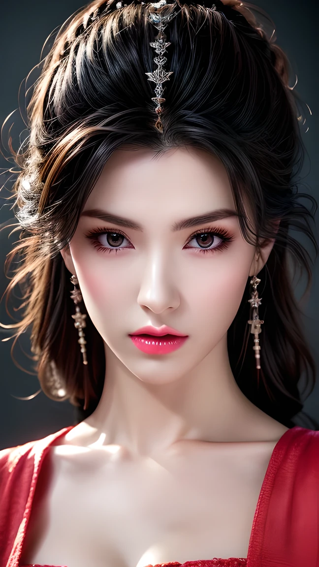  best quality, masterpiece, Medium chest, (Medium breasts),  Detailed Skin Textures,  delicate fabric texture ,  of a detailed face,  superdetail, 8k,  intricate details , 1 Girl, 30 years old,  High Contrast ,  high resolution eyes , Red-black haired goddess，Royal sister，Sexy。