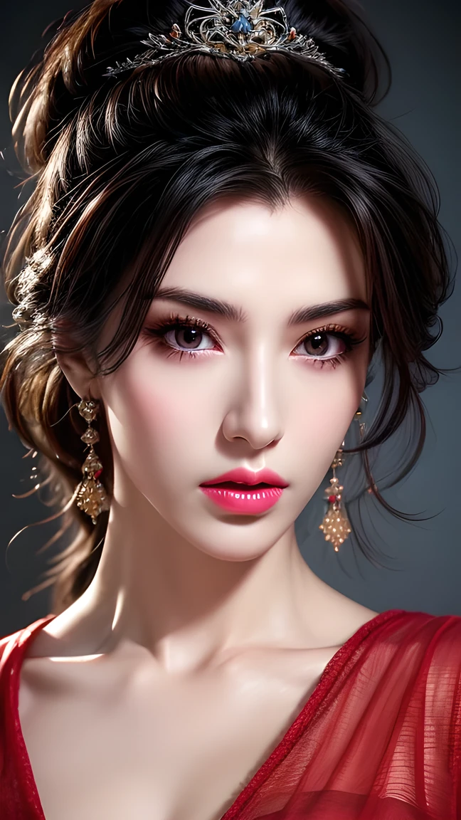  best quality, masterpiece, Medium chest, (Medium breasts),  Detailed Skin Textures,  delicate fabric texture ,  of a detailed face,  superdetail, 8k,  intricate details , 1 Girl, 30 years old,  High Contrast ,  high resolution eyes , Red-black haired goddess，Royal sister，Sexy。