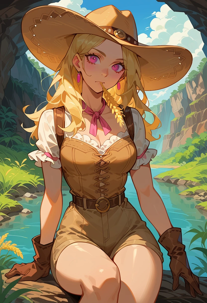 score_9, score_8_up, score_7_up, 1girl, solo, cowgirl, blonde hair, pink eyes, wild west, cowgirl, looking at viewer, wheat in mouth, brown cowboy hat, brown gloves, holding hat, sitting, crossing legs, canyon, river, clear sky, light clouds