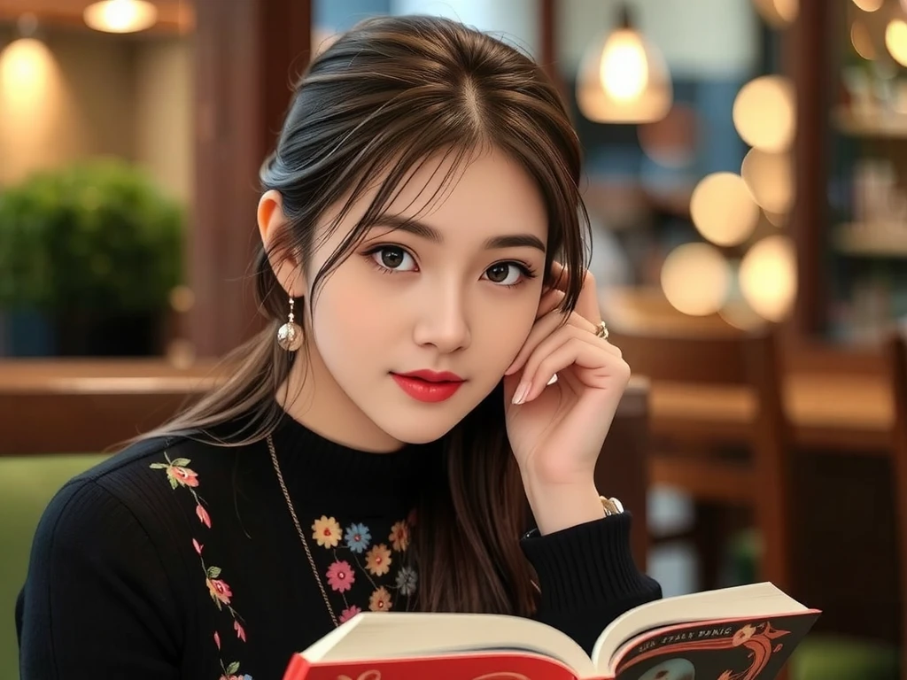 High image quality (8k image quality), high resolution, excellent work, appropriate depth of field, appropriate focus, Leica camera quality, RAW image quality, real, women studying at a cafe, detailed pupils, detailed lips, perfect hands, perfect fingers, perfect nails, detailed Hands, detailed fingers, detailed nails, FLUX, East Asian women,Asian woman