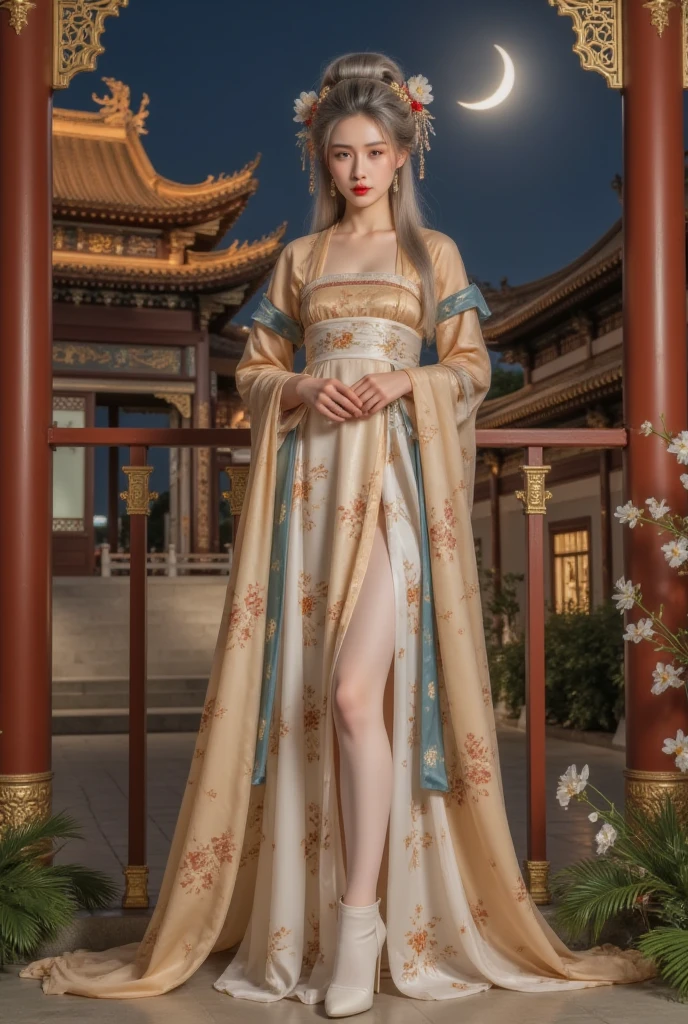 GGGJAAA，make up，huadian ，Hanfu，Magnificent buildings，palace，architecture ， east asian architecture ，1 Girl,Silver Hair,kimono, white stockings ,  detachable sleeves , Hair accessories, ((whole body)), Red lips,  Mature Women ,  exquisite makeup , Ethnic style, Realistic、 Reality 、Warm colors, (( realistic :1.5))、  has white phalaenopsis around the hair ，Dendrobium officinale、White Lily、 1 girl at home、 brown hair 、 blue dress 、 plump chest , ,  slim sexy legs ,  Elegant Posture , Flip the skirt,  Bare Shoulders , Possessing extremely beautiful facial features、Hairpin on the head 、Perfect hands、(night、moon、cliff)、 Vector Art、 Chinese Contemporary Art 、Soft Light、look down, Correct, 解剖学Correct