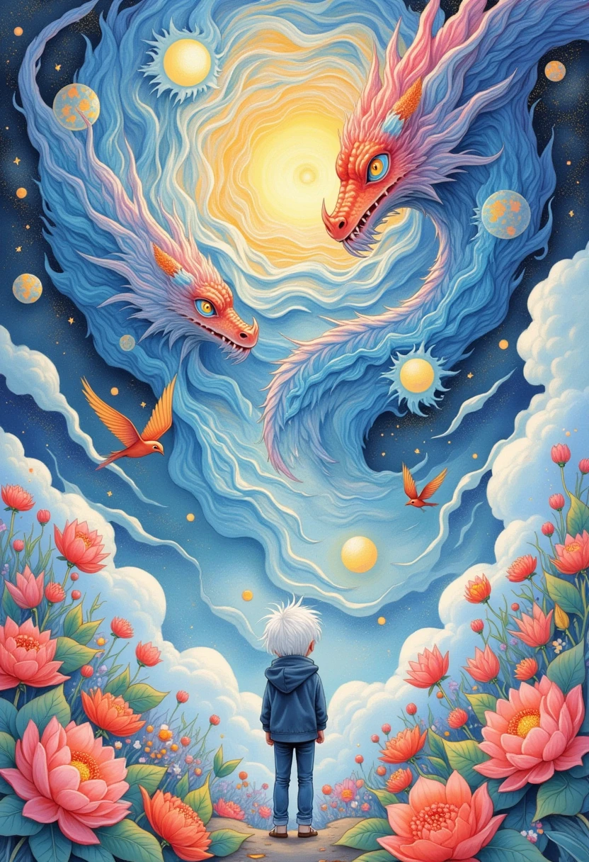  comic image depicting a boy standing in front of a cloud,  artistic style of dragons , Van Gogh's artistic style,  showing the starry sky and dragons ,  organic flow lines in Art Nouveau style , Futuristic colorful waves,  intricate and exotic illustrations , swirl , Colorful turbulence , anime style character design, ocean academia,  realistic yet stylized , close-up,  high quality ，Flowers and birds surround  