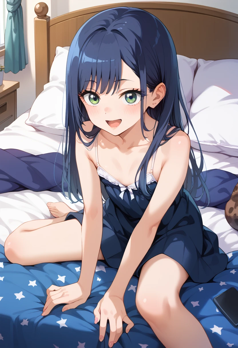 ((Best Quality)), ((masterpiece)), (be familiar with),  perfect face, indoor, bedroom,  watching viewers,
One woman,  Kitakawa Kaiumi,
 characters with open mouth ,  ecstatic expression, blush, smile,
Small breasts,  flat chest, Young girl, Lori,  s,  girl,
Long Hair,  long hair,
Leg spread,