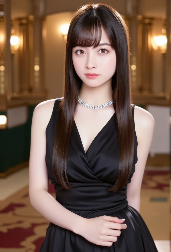 ,One Woman、beautiful、Perfect looks、Pale turquoise eyes:1.3、Small breasts、Perfect balance、Black Silk Dress,simple diamond necklace、(((Blurred Background)))、Luxury palace,Sparkling Room、(Please redeem: 1.1), (Realistic: 1.1), (photograph: 1.1), (Very detailed: 1.1),