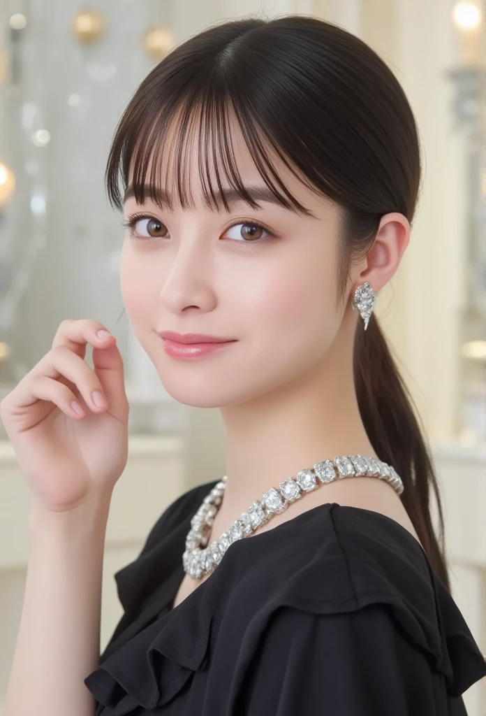 Kanna Hashimoto,One Woman、beautiful、Perfect looks、Pale turquoise eyes:1.3、medium breasts、Perfect balance、Black Silk Dress,simple diamond necklace、(((Blurred Background)))、Luxury palace,Sparkling Room、(Please redeem: 1.1), (Realistic: 1.1), (photograph: 1.1), (Very detailed: 1.1),