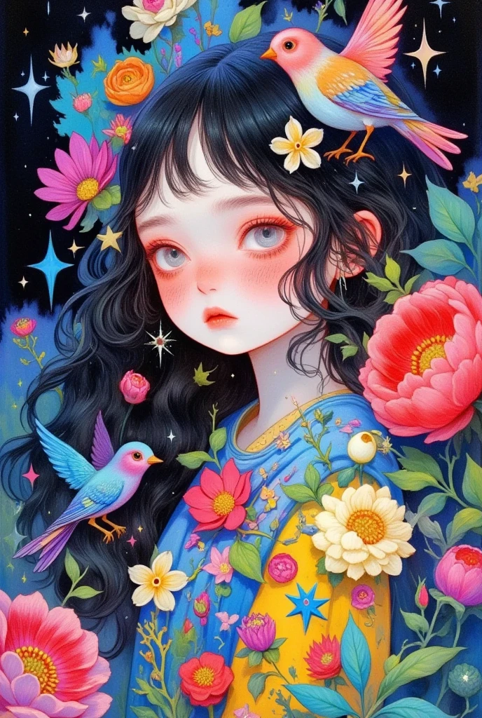  A painting of a girl surrounded by flowers and birds, A detailed painting by Li Song  ,  is trending on ArtStation ,  pop surrealism ,  Lovely Detailed Digital Art ,  A beautiful art illustration , artstration Trends,  Beautiful digital illustrations , Shin Jin Hwi Art , Girl in the flowers, Beautiful digital illustrations, Lovely art style, Detailed painting 4k, 可爱的数字艺术, Digital Anime Illustration