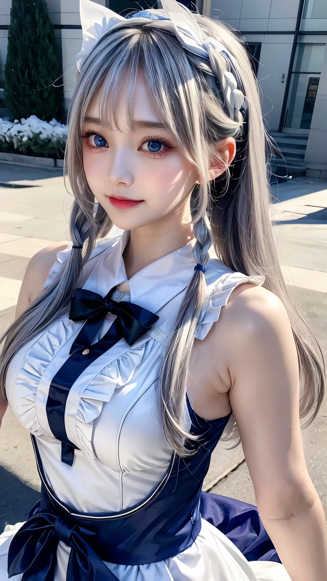 Japanese girl (18year), long haired, random hair style, silver hair, blue eyes color, perfect big breast, high detailed eyes, high detail face, high detailed skin, marine uniform, eyesight on viewer, happy expression, cute smile expression,