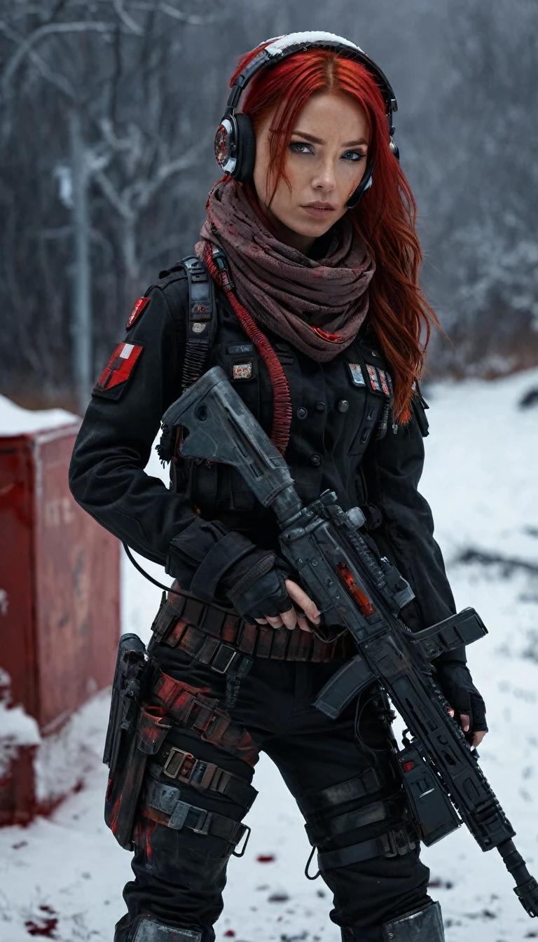 Full body from head to toe, post-apocalyptic, high resolution, 1 woman, Solo, view the viewer, (Detailed face),Red hair, Long closed in back hair, military Nurse outfit, drops of blood on arm, red and black clothe, Snow background, Girl aiming assault rifle, mechanical, Glowing Eyes, Metal surface, Digital display, Streamlined Design , Digital Creatures, biomechanical, Glass visor, fear pose , Invisible Circuits, Colorful wires ,scarf, long boots wit red light, headset with antenna and headband medical sight, medical box in waist.
