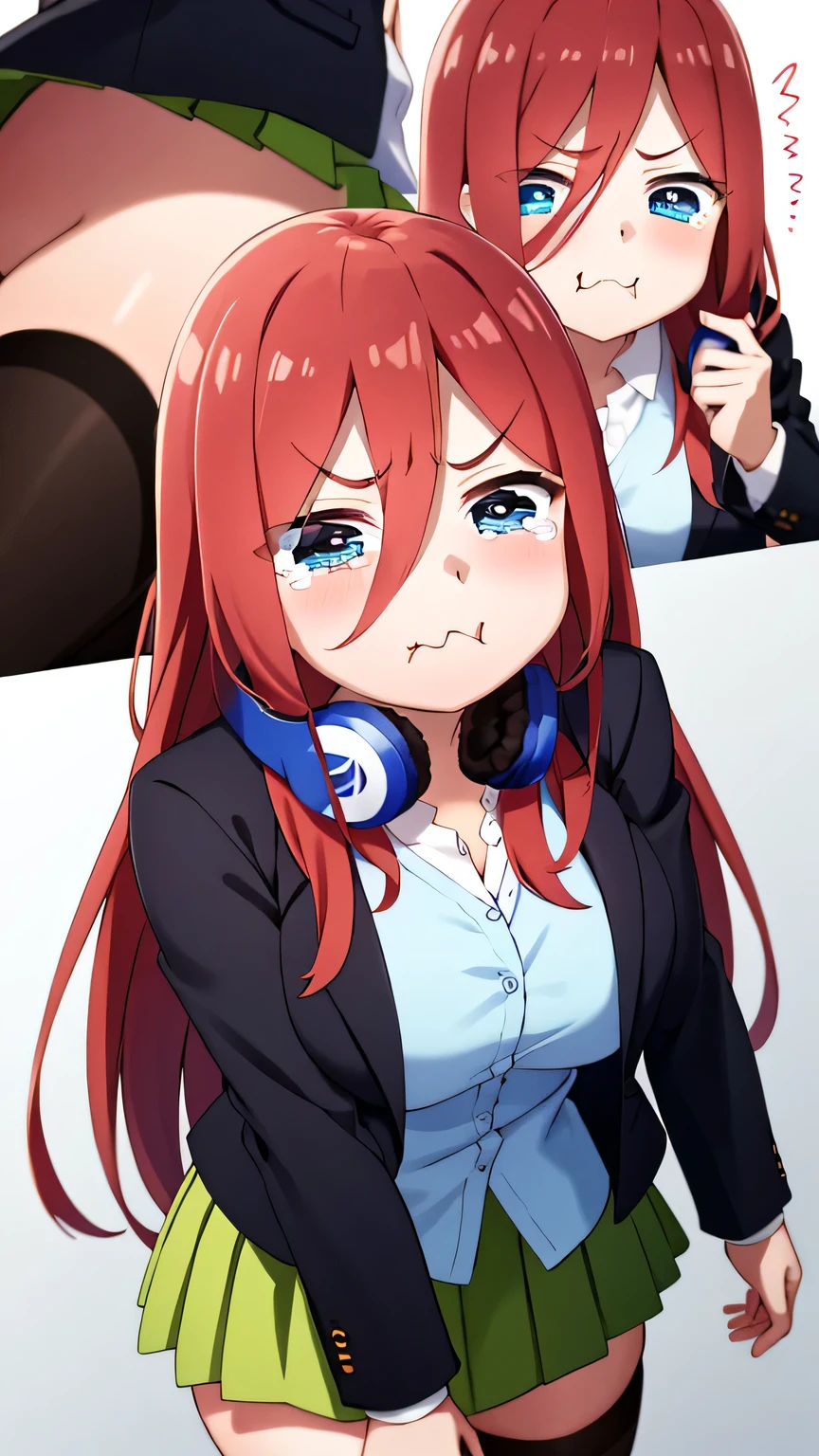 {{{masterpiece}}}, (best quality:1.5), (ultra-detailed:1.5), {illustration}, {{an extremely delicate and beautiful}}, (beautiful detailed eyes:1.6), absurdres, highres, extremely detailed face, 16k, hd, visual anime de uma jovem mulher, extremamente bonito rosto de anime, anime melhor garota, (perfect hands, perfect anatomy), anime face, Nakano Miku(Gotoubun no Hanayome), nm1, 1girl, solo, cute face, long hair, brown hair, hair between eyes, bangs, sidelocks, black pupils, blue eyes, flushed cheeks, large breasts, thin waist, big hips, curvaceous, BREAK, blue headphones, headphones around neck, {school uniform}, white shirt, black jacket, long sleeves, (open jacket:1.2), blue cardigan, school cardigan(tuck out), micro skirt, pleated skirt, green skirt, black pantyhose, thighs, zettai ryouiki, BREAK,1 girl, closed mouth, tears, wavy mouth, tearing up, pout, :i, meme, :t, parody, frown, v-shaped eyebrows, crying, sad, crying with eyes open, puffy cheeks, cowboy shot