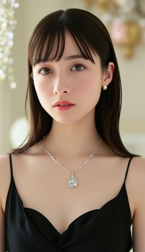 Kanna Hashimoto,One Woman、beautiful、Perfect looks、Pale turquoise eyes:1.3、medium breasts、Perfect balance、Black Silk Dress,simple diamond necklace、(((Blurred Background)))、Luxury palace,Sparkling Room、(Please redeem: 1.1), (Realistic: 1.1), (photograph: 1.1), (Very detailed: 1.1),NSFW