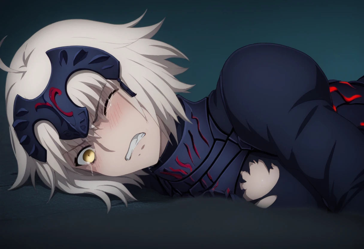 score_9, score_8_superior, score_7_superior,  sauce_anime, ambient light,, , 1tall girl,
anime screencap, anime coloring, official style, ,, 1girl ,jalter, white hair, yellow eyes, ahoge,, short hair,   (furrowed brow), ((wince)), frown,,  perfect eyes , Perfect face, expressive eyes, cry, close up face:0.2,
nsfw, (show off breast), headpiece, armor, armored dress, black thighhighs, scowl, sheath, short dress, thighhighs, torn clothes,
outdoors, city, , ((lie down, on side)), navel,  , pov, yuri, female hands, 
looking above,, solo, nipples,  , clenched teeth,  ,(saliva) ,,, large breast:0.2, blush,,