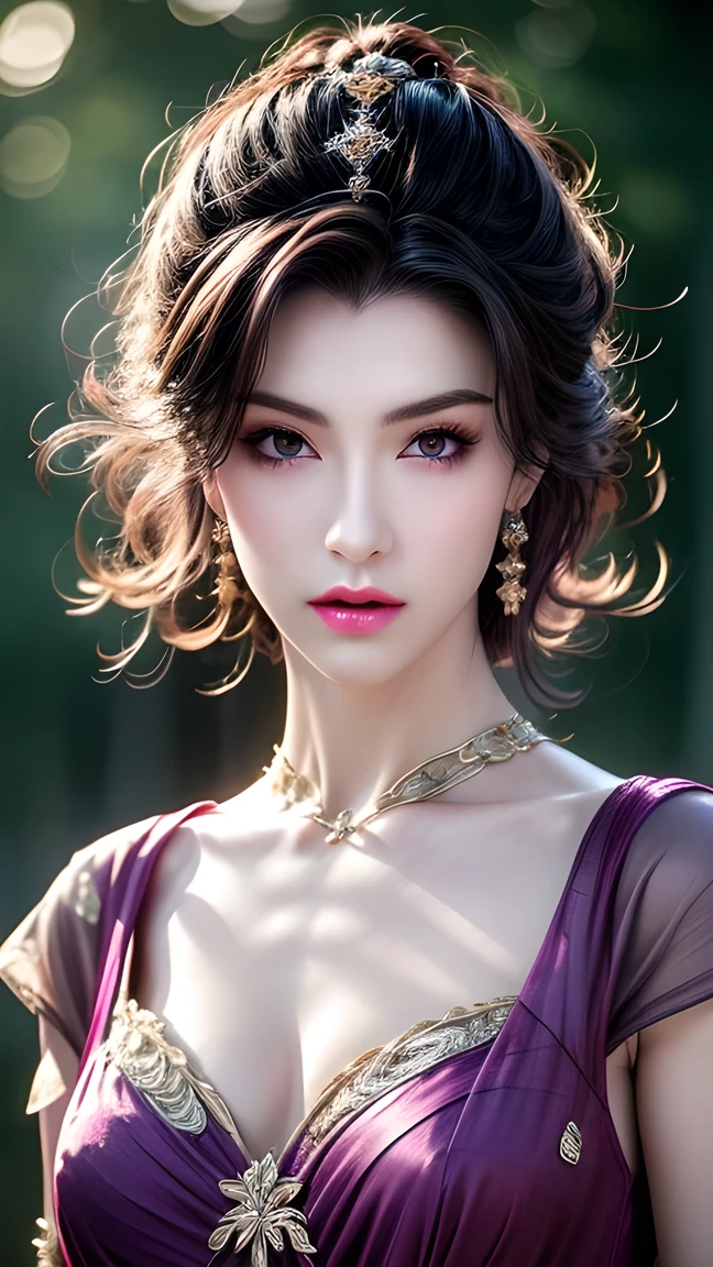  best quality, masterpiece, Medium chest, (Medium breasts),  Detailed Skin Textures,  delicate fabric texture , delicate face,  superdetail, 8k,  intricate details , 1 Girl, 30 years old,  High Contrast ,  high resolution eyes , purple haired goddess，Royal sister，Sexy。