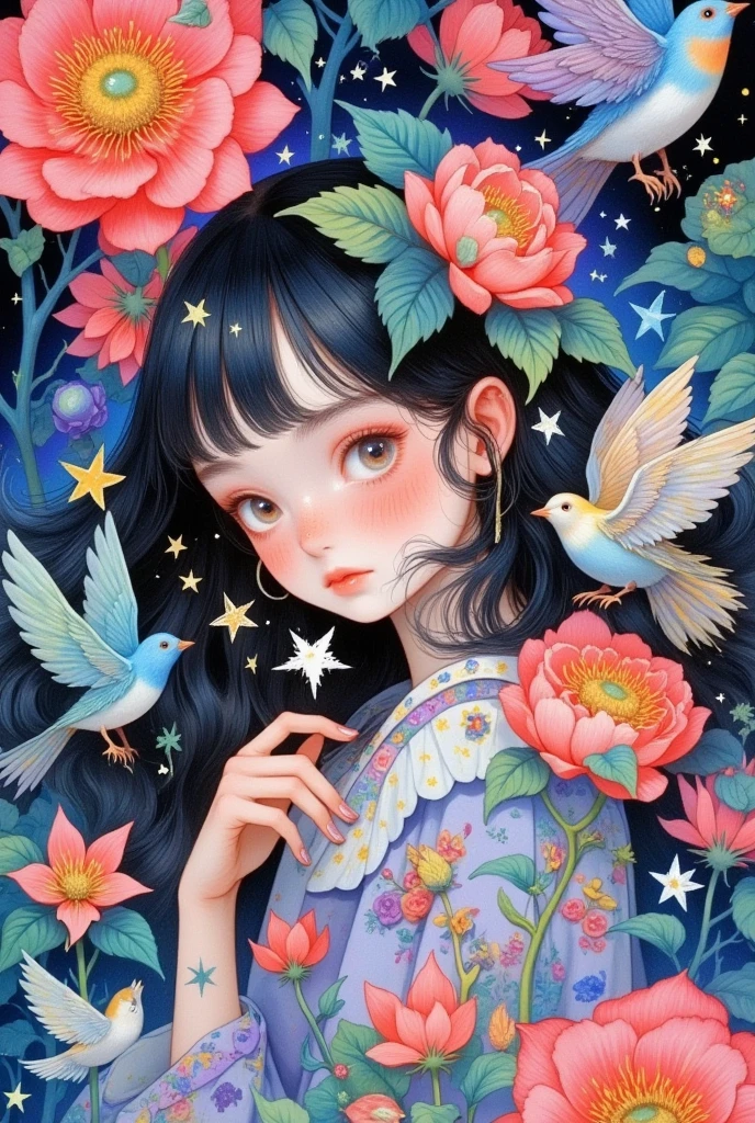  A painting of a girl surrounded by flowers and birds, A detailed painting by Li Song  ,  is trending on ArtStation ,  pop surrealism ,  Lovely Detailed Digital Art ,  A beautiful art illustration , artstration Trends,  Beautiful digital illustrations , Shin Jin Hwi Art , Girl in the flowers, Beautiful digital illustrations, Lovely art style, Detailed painting 4k, 可爱的数字艺术, Digital Anime Illustration