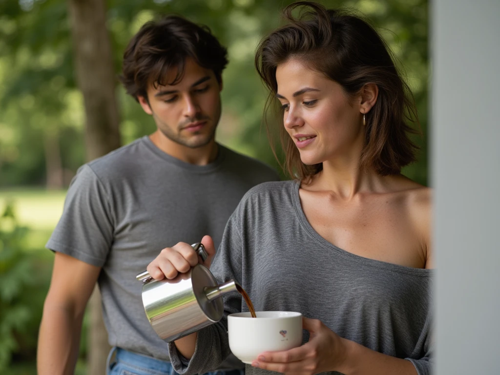 Un homme et une femme en culotte dans une cuisine, realistic