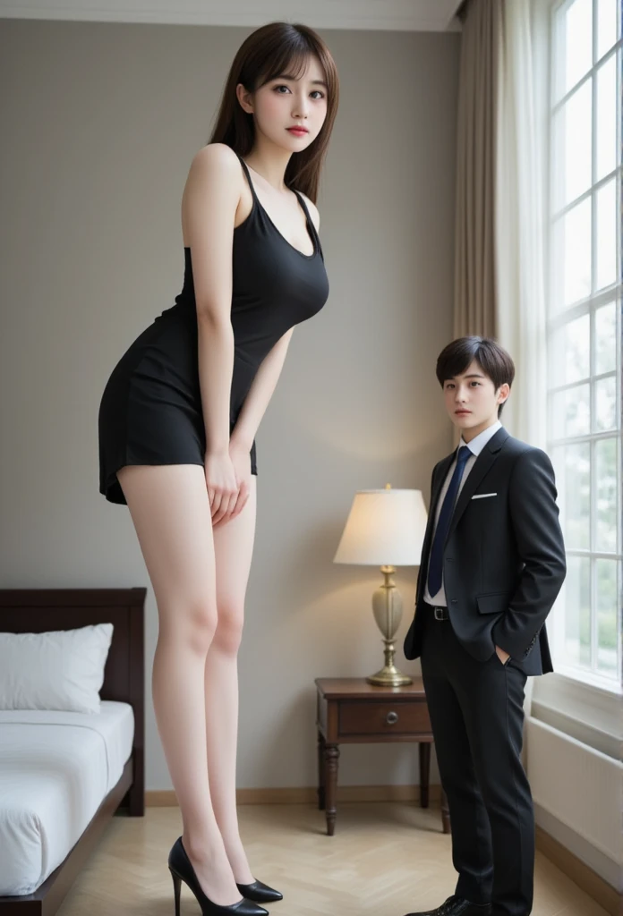 A slim Japanese giantess beauty (15 feet tall) trapped in a small bedroom, side view perspective, her head and shoulders nearly touching the 8-foot ceiling, squatting down with visible strain, hands pressing against ceiling. A regular-sized businessman (5'10") hugging giantess legs. (Extreme size difference:1.4), (scale comparison:1.3), alluring facial features, Chinese beauty standards
 Giantess: Perfect hourglass figure, 15-foot tall, long toned legs in white stockings, S-line body curve, elegant Chinese features, seductive yet embarrassed expression Businessman: 5'10" tall, reaching only to giantess's thigh level, well-fitted black suit, professional appearance, expression of amazement
 Standard 8-foot ceiling height, bedroom furniture appears tiny compared to giantess, forced perspective emphasizing size difference, clear scale reference objects (bed, door, desk), cramped space for giantess but spacious for businessman
 Giantess: Form-fitting mini dress, sheer white stockings with delicate patterns, high heels Businessman: Tailored black suit, tie, polished shoes, briefcase
 Side angle view highlighting dramatic size difference, businessman positioned to show extreme height comparison, forced perspective composition, dynamic tension in space
 Dramatic lighting emphasizing scale, shadows casting size comparison, rim lighting on both figures, ambient occlusion showing space constraints
8k uhd, masterpiece quality, best quality, intricate details, professional photography, perfect composition, precise scaling