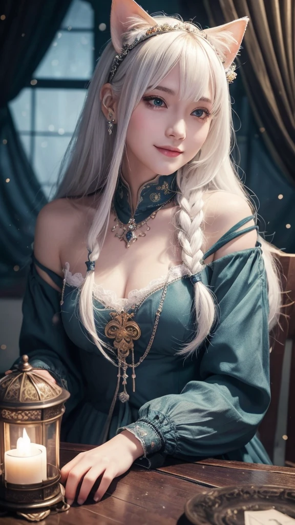 Thistle, white hair, tied, , tanned, elf, dungeon meshi, manga, realistic, illustration
