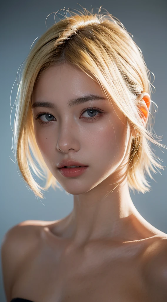 20-year-old woman, blonde, (High Cut Fade:1.3), Dark Theme,   pleasant colors  , Mild color ,  high contrast, ( natural skin texture,  Hyperrealism , Soft light, sharp)