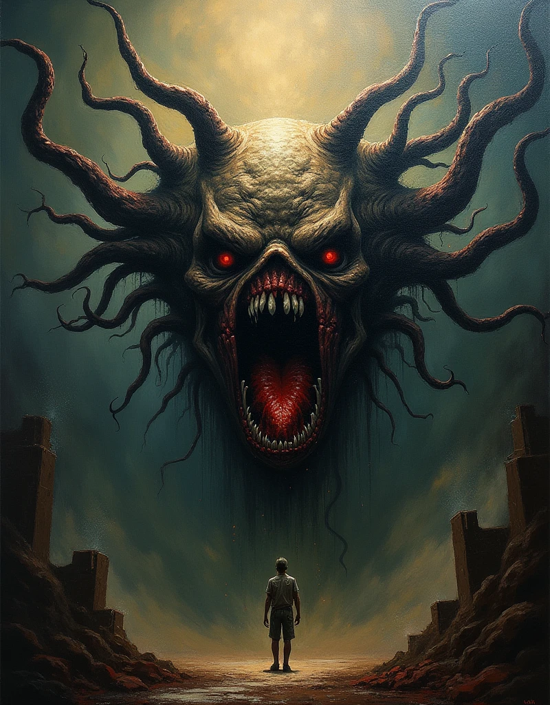 reelhorror, <lora:weirdreelhorror_v1_2:1> 1girl, 1man, creature, humanoid, dismembered, teeth, multiple arms, looking at viewer, lying, pants, bag, blood, tentacles, monster, injury, blood, realistic, messy, ribs, outdoors, pov scene, pov, horror