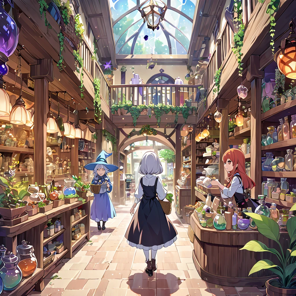 Anime-style, friendly witch girls, a fantasy world, two girls, a suspicious old woman who seems to be the shopkeeper staring at the girls, shopping, a shopping mall, distorted tableware, jewelry in a bottle, and it looks like it's going to start moving. A magical houseplant, a magical general store, highly detailed products, ghostly customers, and a sign that says ``100% OFF.''