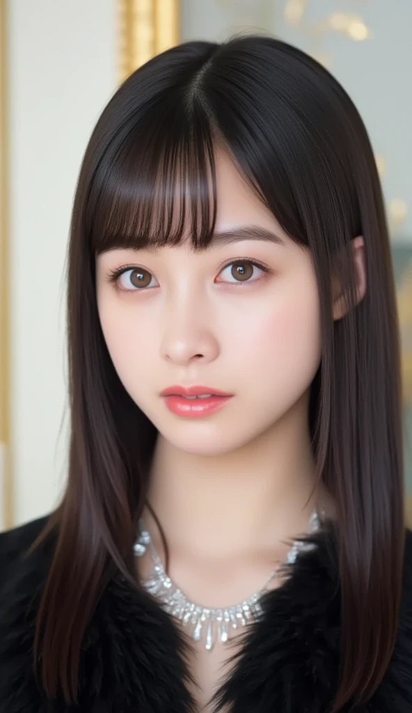 Kanna Hashimoto,One Woman、beautiful、Perfect looks、Pale turquoise eyes:1.3、medium breasts、Perfect balance、Black Silk Dress,simple diamond necklace、(((Blurred Background)))、Luxury palace,Sparkling Room、(Please redeem: 1.1), (Realistic: 1.1), (photograph: 1.1), (Very detailed: 1.1),NSFW, beautiful nipples