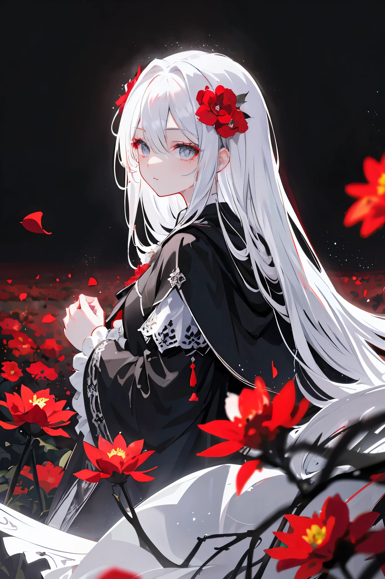 1 Girl, alone,1 Girl, alone,(( Beautiful Detailed Eyes)), ( Detailed Light ),Depth of Field,(White hair), silver eyes,Hair above one eye,(Red flowers ), Hair Flower,Long hair,Black cloak,Wet,Relentless ,Looking back,night,Starfall,rain,FOG,Red flowerss falling,sketch, upper body, Strong Shadows ,,