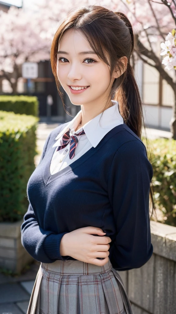 Hair in a ponytail、High school girl uniform white blouse、(8k、Raw、professional、highest quality、masterpiece:1.2)、(Real、Photorealistic:1.37)、Ultra-detailed、(Portrait of an 18-year-old woman)、(Highest Detail Skin:1.2)、(Highest detail face:1.2)、1woman、18-year-old、Black Hair、Long Hair、High 、Japanese High Raw Sailor Suit Uniform、The wind flipped her pleated miniskirt, revealing her white lace panties.)、Sunset sky、The cityscape at dusk can be seen in the distance、golden hour、)、(school uniform1.5、Green blazer 1、Dress shirt 、School emblem 、Emblem 、V-neck sweater 、Green tie、Brown pleated skirt 1.5、Brown checkered skirt 1.5、Green below-the-knee skirt 1.5、Brown knee-high socks 1.5)、スカートはお腹の辺りまで捲くる、しゃがんでスカートを持ち上げる、白いパンティ