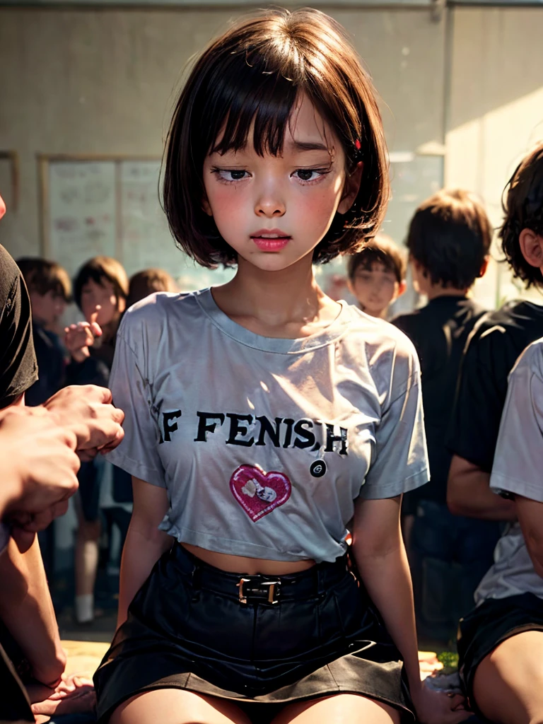 Girl and Girl、 elementary school students、Very short t-shirt、Embrace each other、 French Kiss、 short skirt 、 flat chest