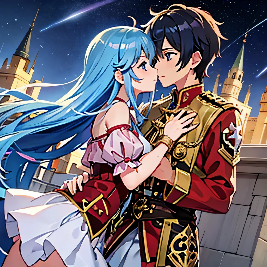 A girl with blue eyes and light blue hair, red blouse with gold plates on her body, pink panties, a gold bracelet and white skirt affectionately kissing a boy with short black hair on the lips, ojos marrones, lentes, red jacket with a night castle behind them and shooting stars in the sky