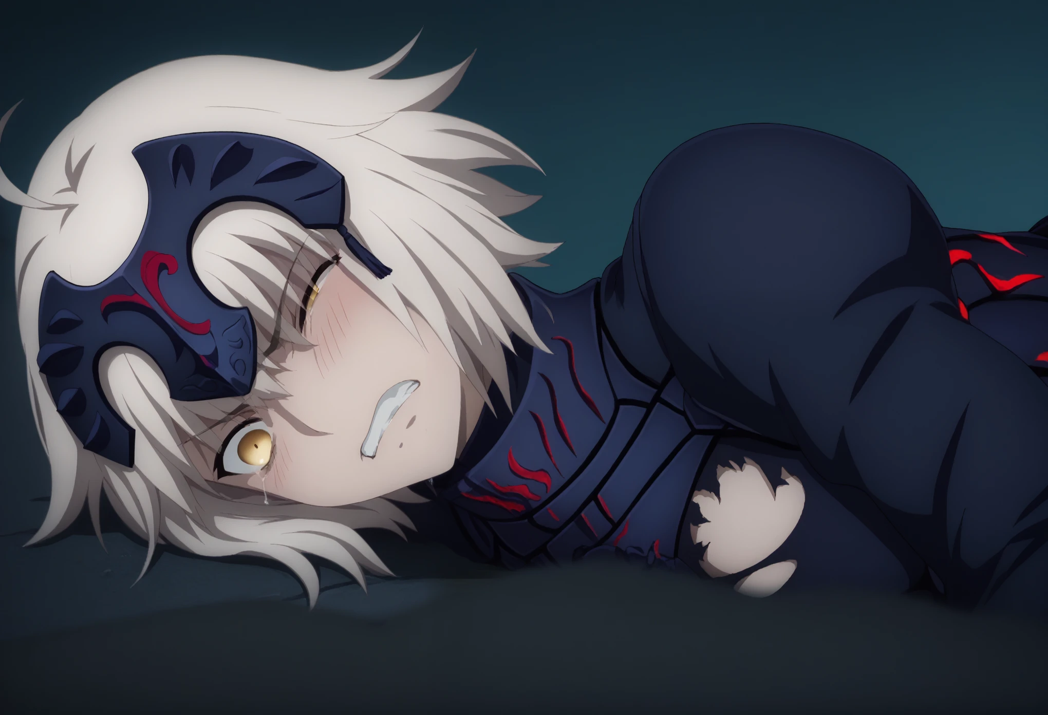 score_9, score_8_superior, score_7_superior,  sauce_anime, ambient light,, , 1tall girl,
anime screencap, anime coloring, official style, ,, 1girl ,jalter, white hair, yellow eyes, ahoge,, short hair,   (furrowed brow), ((wince)), frown,,  perfect eyes , Perfect face, expressive eyes, cry, close up face:0.2,
nsfw, (show off breast), headpiece, armor, armored dress, black thighhighs, scowl, sheath, short dress, thighhighs, torn clothes,
outdoors, city, , ((lie down, on side)), navel,  , pov, yuri, female hands, 
looking above,, solo, nipples,  , clenched teeth,  ,(saliva) ,,, large breast:0.2, blush,,