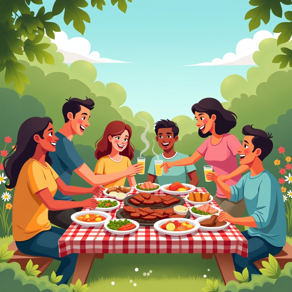 A vibrant and colorful community event with workers of all ages gathered around a picnic table in a park, enjoying a Labor Day cookout, with children playing and families smiling in the background."