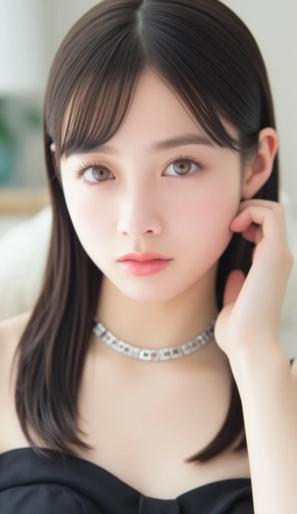 Kanna Hashimoto,One Woman、beautiful、Perfect looks、Pale turquoise eyes:1.3、medium breasts、Perfect balance、Black Silk Dress,simple diamond necklace、(((Blurred Background)))、Luxury palace,Sparkling Room、(Please redeem: 1.1), (Realistic: 1.1), (photograph: 1.1), (Very detailed: 1.1),NSFW, beautiful nipples