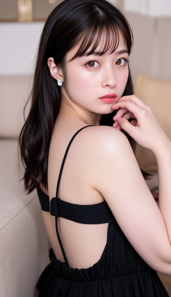 Kanna Hashimoto,One Woman、beautiful、Perfect looks、Pale turquoise eyes:1.3、medium breasts、Perfect balance、Black Silk Dress,simple diamond necklace、(((Blurred Background)))、Luxury palace,Sparkling Room、(Please redeem: 1.1), (Realistic: 1.1), (photograph: 1.1), (Very detailed: 1.1),NSFW, beautiful nipples