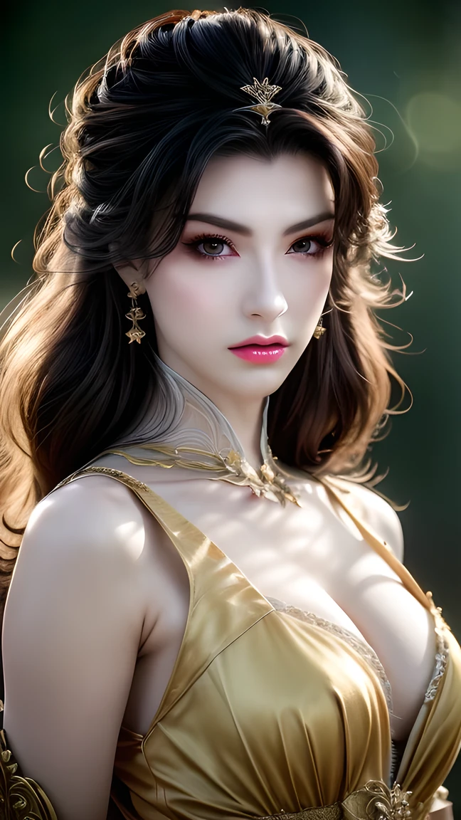  best quality, masterpiece, Big , ( big breasts ),  Detailed Skin Textures,  delicate fabric texture , delicate face,  superdetail, 8k,  intricate details , 1 Girl, 30 years old,  High Contrast ,  high resolution eyes , Golden-haired goddess，Royal sister，Sexy。