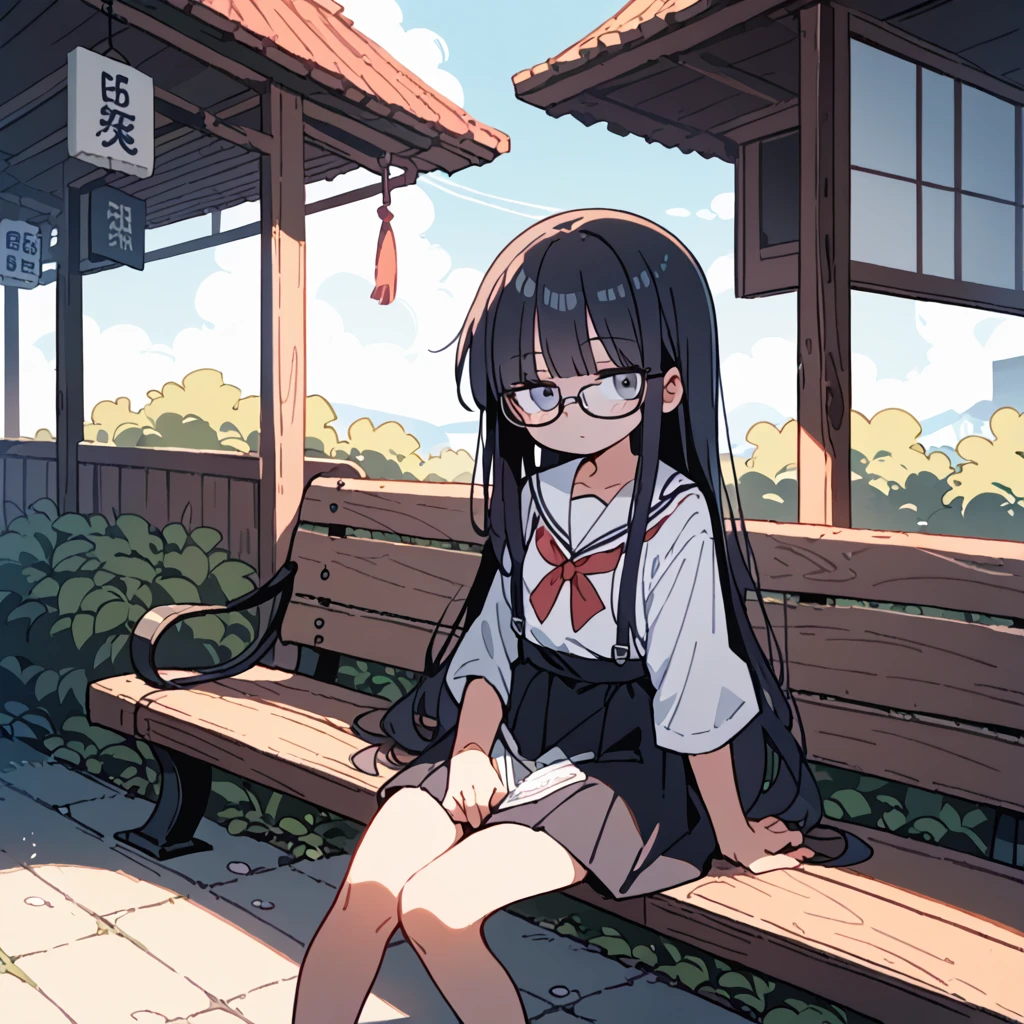 Black Hair， long hair，Glasses,Girl sitting on bench,Scenery with benches in front of a Japanese dagashi store,Warm sunshine , high resolution on down , 最高quality, Accurate, 高quality, quality,  very detailed,