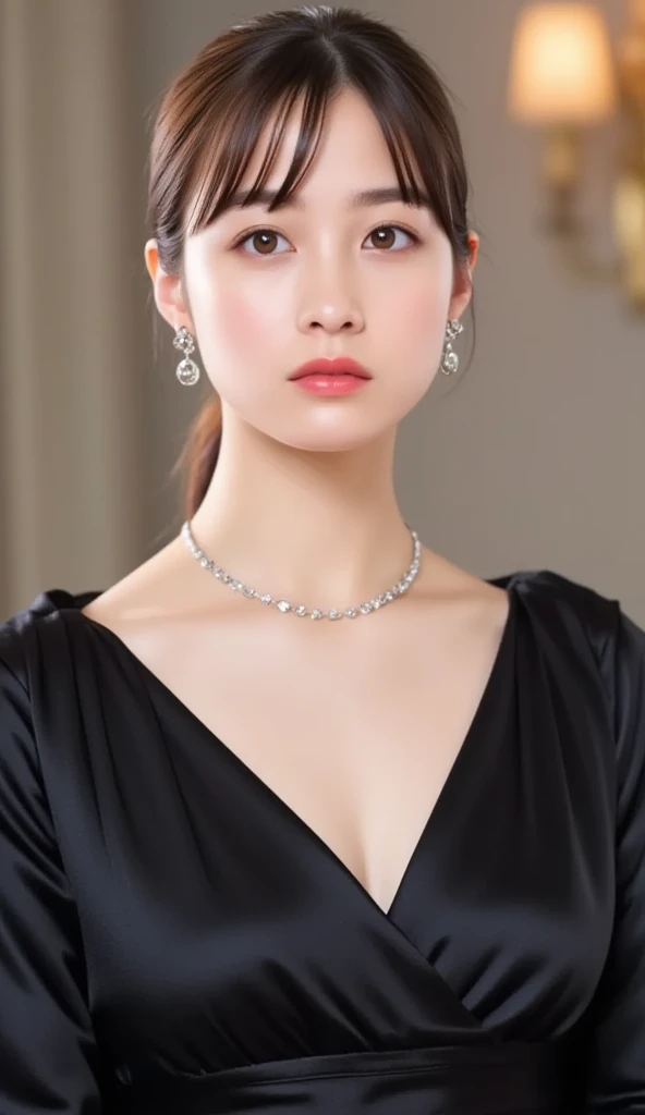 Kanna Hashimoto,One Woman、beautiful、Perfect looks、Pale turquoise eyes:1.3、medium breasts、Perfect balance、Black Silk Dress,simple diamond necklace、(((Blurred Background)))、Luxury palace,Sparkling Room、(Please redeem: 1.1), (Realistic: 1.1), (photograph: 1.1), (Very detailed: 1.1),NSFW, beautiful nipples