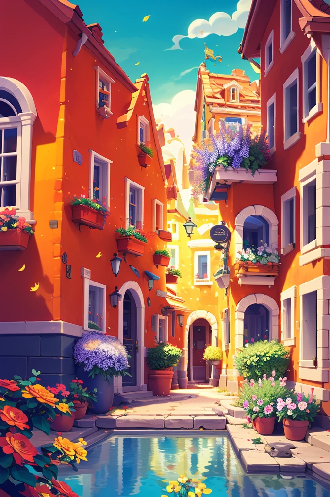 Masterpiece,Best quality,Highres,Extremely detailed 8k wallpaper,Very clear,a small european town full of flowers,