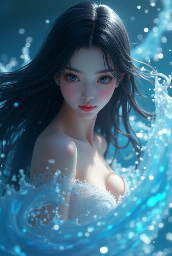 beautiful woman, リアリティー, best quality, portrait, close up, detailed face and eyes, dress, underwater hair physics, air bubbles, ((light coming through water)), solo focus, depth of field, ambient lighting, atmospheric, intricate details, soft light, artstation, ((look at the view, face up))