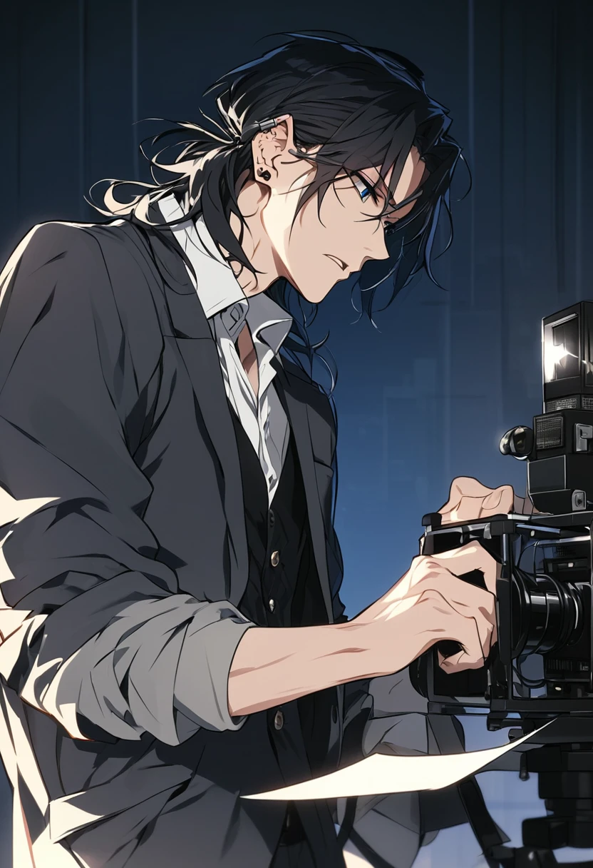 masterpiece, best quality, tired and perfectionist male film director in his mid-thirties, sharp facial features, dark circles under his eyes, slightly tousled wavy black hair (1.2). The character is shown in a side profile view, holding a rolled-up script tightly in one hand as he intensely reviews it. His expression is serious and focused, with thin lips and piercing dark blue eyes (1.3) that convey stress and determination. He wears small, simple stud earrings in both ears and a minimalist Monica Vinader Gold Vermeil Ear Cuff on his left ear's helix, adding a subtle yet sophisticated detail to his otherwise minimalist appearance. The ear cuff has a hammered texture that gives it a refined yet understated look. He is dressed in a semi-formal dark gray blazer over a white shirt with the top button undone and sleeves slightly rolled up. His posture is tense, shoulders slightly hunched forward as if under immense pressure to make everything perfect. The background is a dimly lit film set with cameras and lighting equipment around him, capturing the essence of a man driven by his need for control and perfection