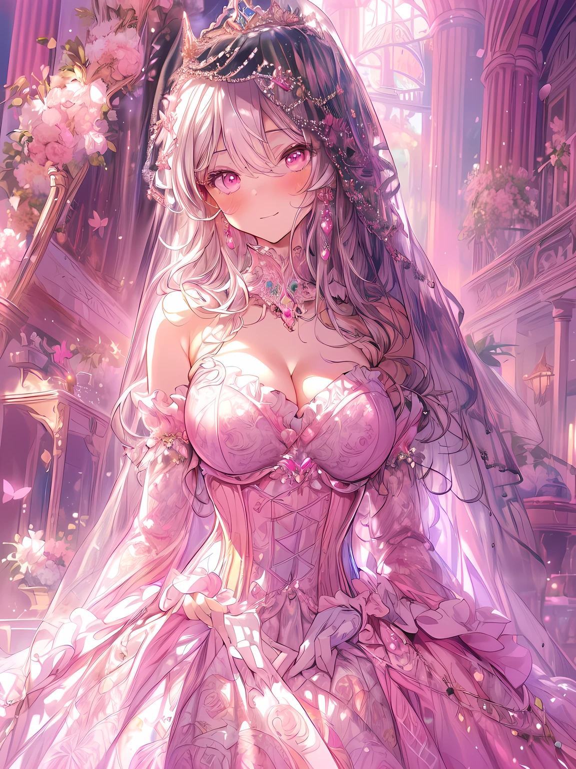 Masterpiece、Highest quality、Super detailed、1 girl、Big Tits、Cleavage、Gray Hair、Fluffy and soft long hair、Pink eyes、Heart Pupil、music、Lace cape、underwear、Ruffles and ribbons、Sparkling starry sky、Sprinkled with stars and crystals、smile、Pink Lipstick、Earrings、Lace veil