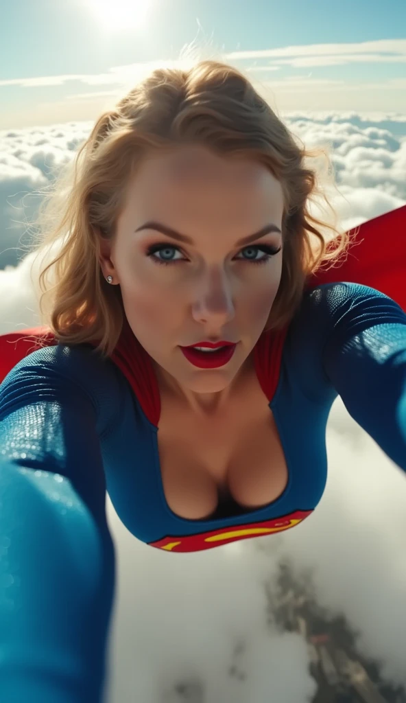 Selfie style photo, pov, INSANELY SEXY, RIPPED MUSCULAR BUSTY, bOOBS SUPERGIRL WEARING THE ORIGNAL SUPERGIRL COSTUME FROM 1950. SOARING WHILE TAKING A SELFIE. 8k, high definition, visible cleavage, busty, looking down her shirt