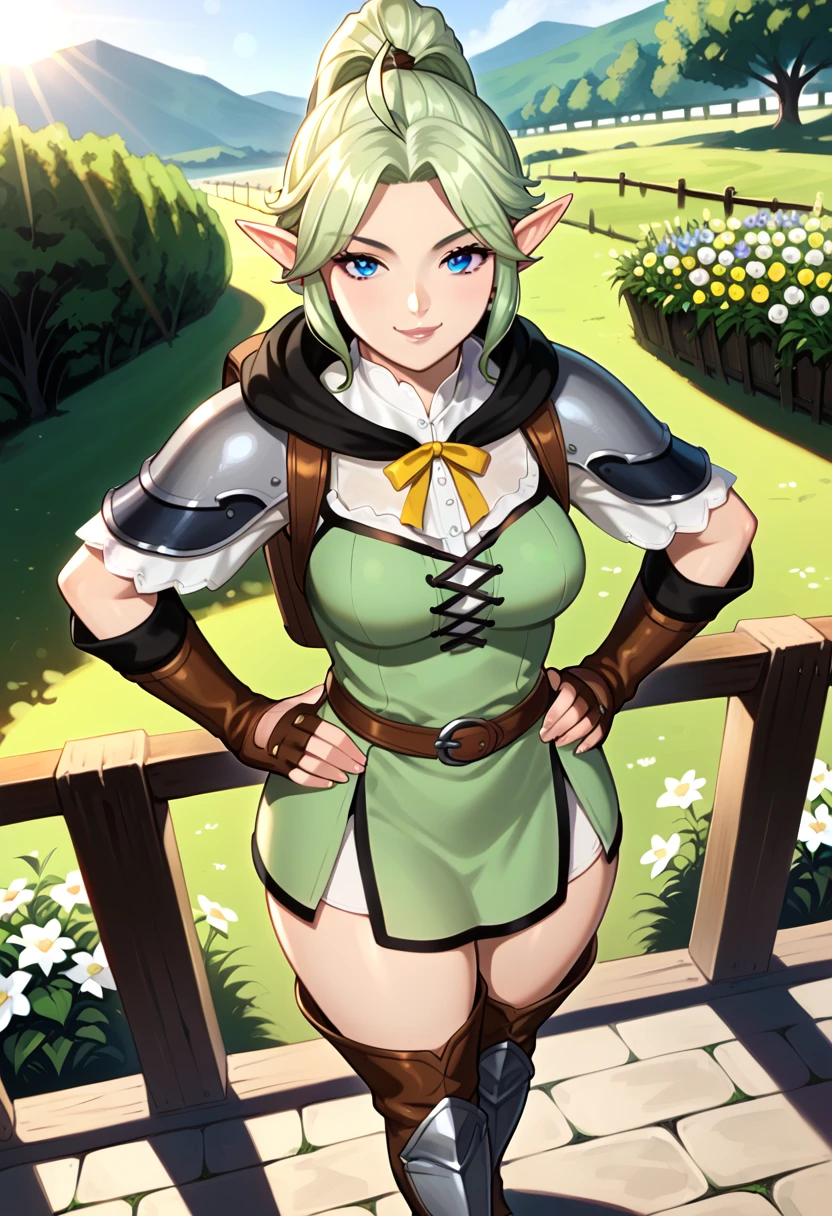 {{cowboy shot, dutch angle, from above, outdoors, gravel road, flowers, sunlight, lens flare, bloom, wooden fence, anime, by nilsunna, vibrant}} 1girl, solo, elf, pointy ears, mature female, medium breasts, green hair, short ahoge, parted bangs, straight hair, short hair, high ponytail, blue eyes, lips, green tunic, white frilly undershirt, dress, black stockings, happy, smug, thick thighs, hands on hips, armor, short black cloak, black fingerless arm gloves, thigh boots, backpack, looking at viewer, standing, day, medieval fantasy, yellow ribbon.