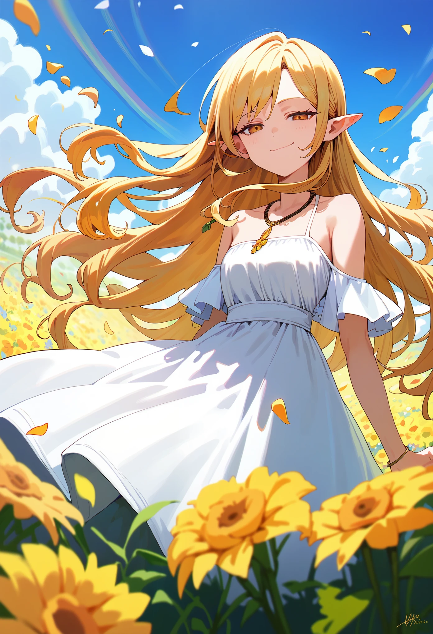 score_9, score_8_up, score_7_up, 1girl, serie, long hair, blonde hair, pointy ears, yellow eyes, half-closed eyes, gradient eyes, white dress, bare shoulders, necklace, jewelry, off shoulder, flower field, rainbow flare, rainbow gradient, floating, petals, depth of field, smug