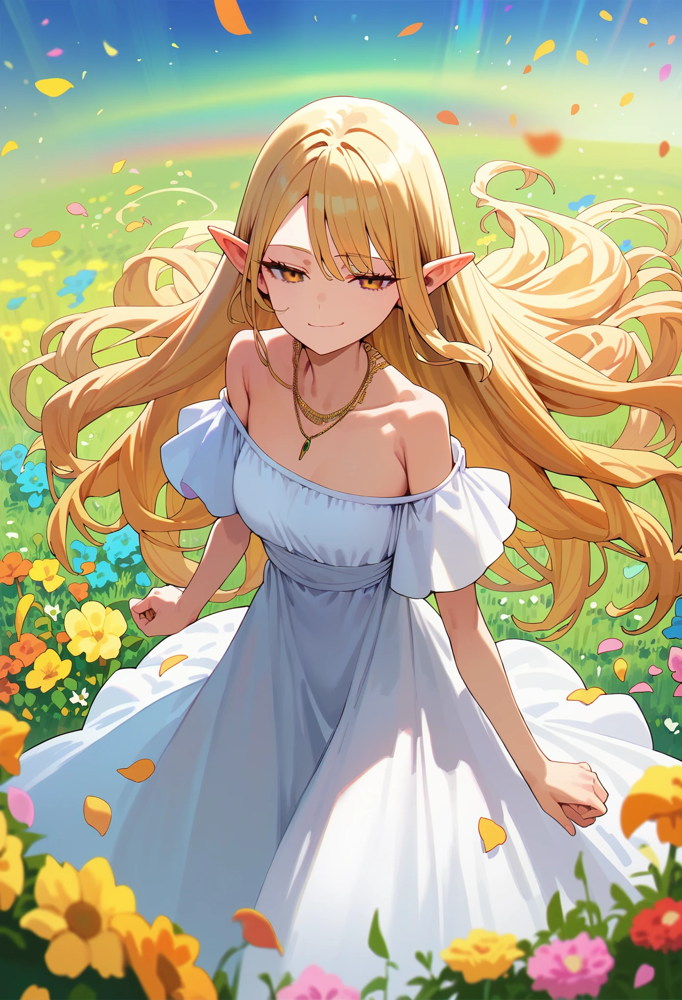 score_9, score_8_up, score_7_up, 1girl, serie, long hair, blonde hair, pointy ears, yellow eyes, half-closed eyes, gradient eyes, white dress, bare shoulders, necklace, jewelry, off shoulder, flower field, rainbow flare, rainbow gradient, floating, petals, depth of field, smug