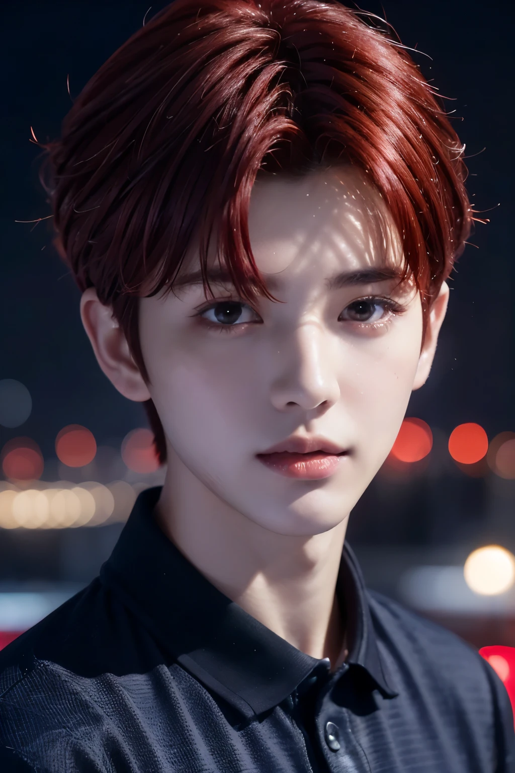 1 male、8Ｋ、Best Quality、masterpiece、(face shot close-up:1.4)、、Red polo shirt、( red hair、Short Hair):1.25、( realistic skin:1.1)、(( Unkempt Hair ))、((()))、( professional lights and silhouettes:1.3)、((rooftop、Night view))、foreground-background emphasis composition、