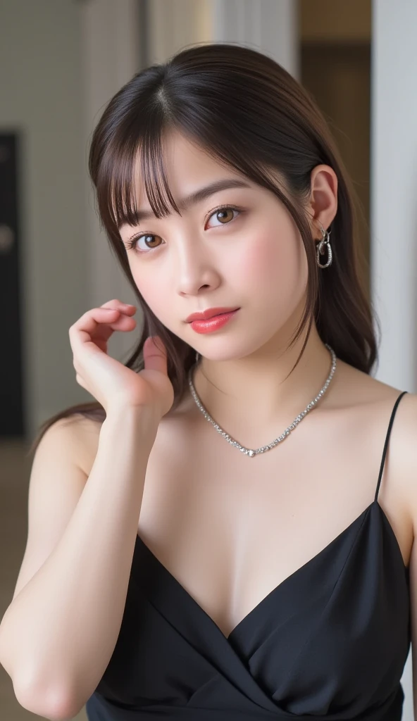 Kanna Hashimoto,One Woman、beautiful、Perfect looks、Pale turquoise eyes:1.3、medium breasts、Perfect balance、Black Silk Dress,simple diamond necklace、(((Blurred Background)))、Luxury palace,Sparkling Room、(Please redeem: 1.1), (Realistic: 1.1), (photograph: 1.1), (Very detailed: 1.1),NSFW, beautiful nipples