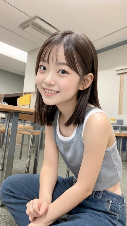 japanese girl,  Sitting pose,  perfect hands,  solo,  student,  Looking at viewer,  smile,  angle looking up from below, wearing white tank top,  wearing gray sweat short pants