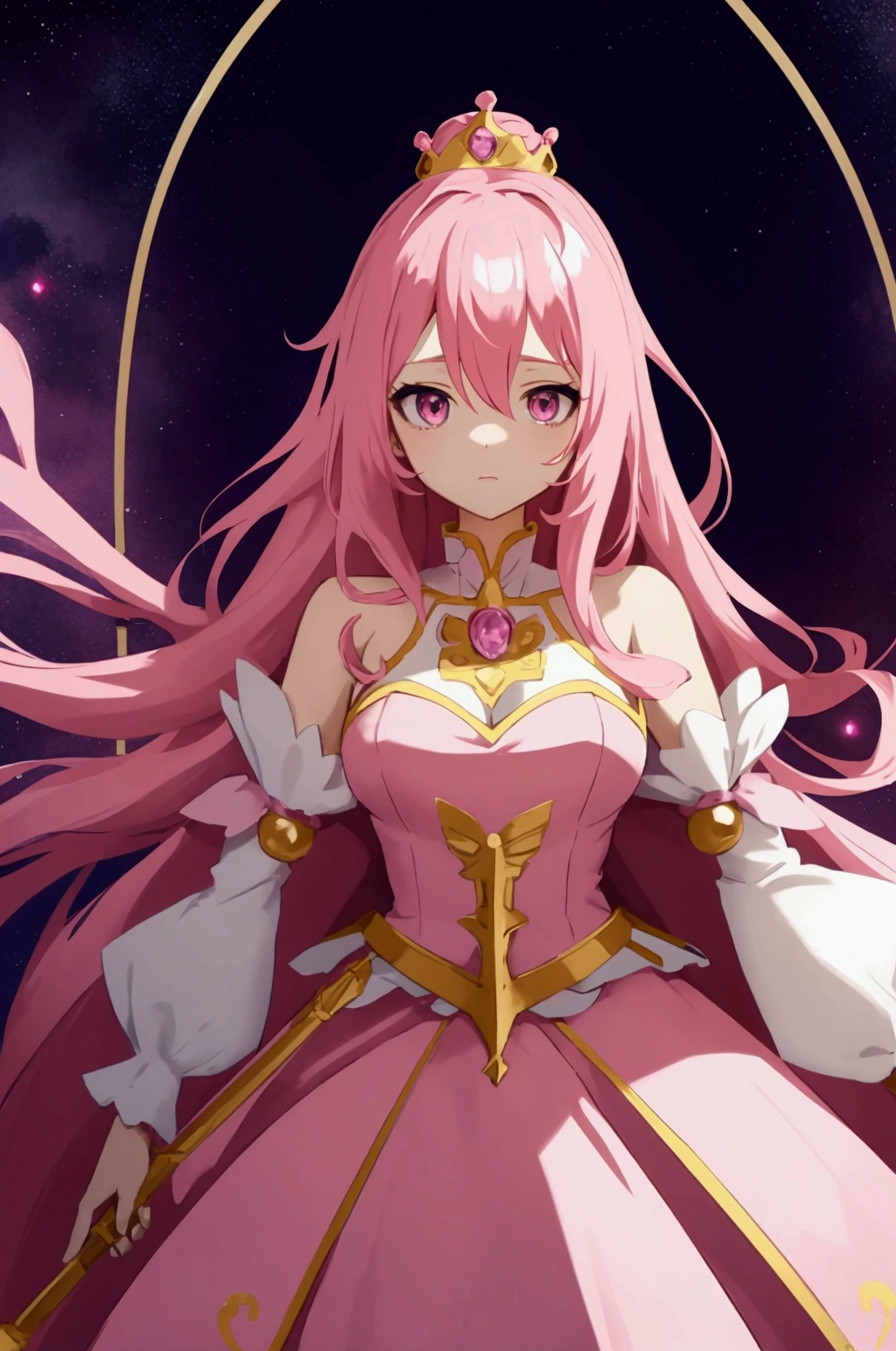 A beautiful anime girl, long pink hair, vibrant Blue eyes, smiling, elegant lady, detailed facial features, highly detailed, 8k, photorealistic, digital painting, dramatic lighting, cinematic, elegant, dramatic, fantasy, surreal, Moon background 4k,