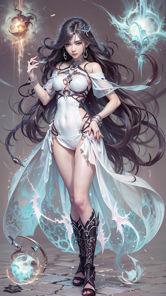 Beautiful semi-three-dimensional style,((Enchanting royal sister)),Oversized upper body,Clothing glows fluorescence,masterpiece,(Best quality),Warm and cold coordination,,(极其详细的CG统一8kwallpaper),blue eyes,Delicate eyes)(Messy hair),Colored tip,Black inner hair,Intricate filigree,Volumetric Lighting,jungle,Tyndall Effect,A sense of colorful atmosphere,Halo,Best quality,(masterpiece:1.35),wallpaper,(illustration),Original,Delicate accessories,Flowing long hair,Messy hair,Black fog surrounds,Dense forest,Big Red Lantern,A large number of light particles,magic,Flowing ripples,(Best quality),Fine details,Watercolor effect,Ink splash,Pink floating clouds,lightning,Hydration,Gradient,Extra long hair,Delicate face,((Exquisite facial features),((Long eyelashes))),((Enchanting and charming)),Red pupils,Classical temperament,cartoon,Beautiful and exquisite,jungle探险,Temperament confidence,8K,Women's whole body,arrogant,enthusiasm,Beauty,(Full body close-up),Dreamy and beautiful,Depth of Field,Macro lens,Queen temperament,Sexy long legs,Big boobs。