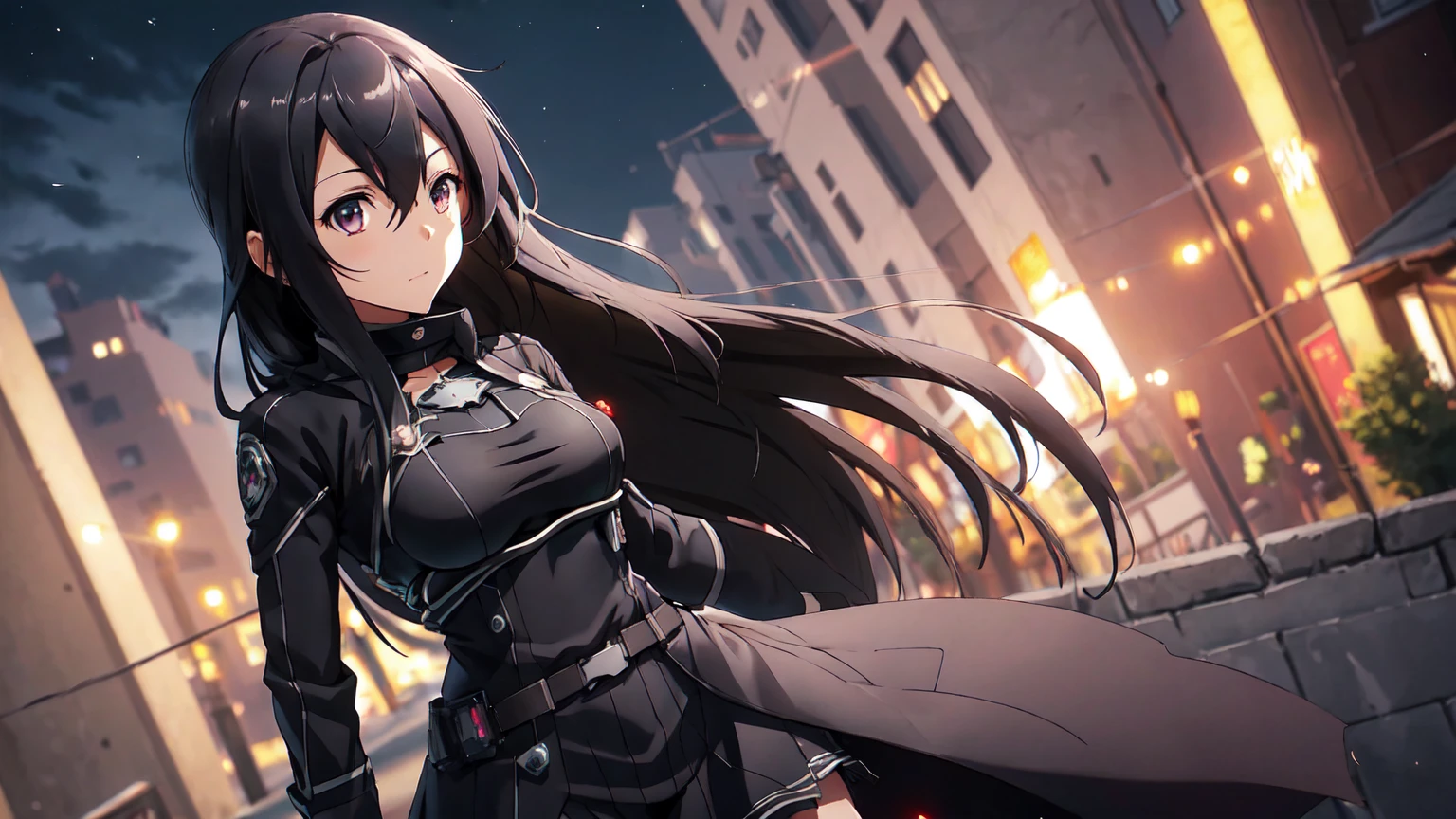 1girl, beautiful kirito_ggo, long hair, black hair, brown eyes, perfect proportion, large breast, seductive girl, outdoors, kirito_suit, night,city , volumetric lighting, best quality, masterpiece, intricate details, tonemapping, sharp focus, hyper detailed, trending on Artstation