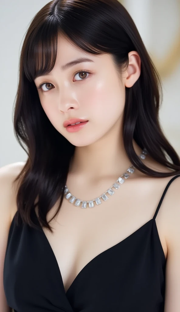 Kanna Hashimoto,One Woman、beautiful、Perfect looks、Pale turquoise eyes:1.3,large breasts、Perfect balance、Black Silk Dress,simple diamond necklace、(((Blurred Background)))、Luxury palace,Sparkling Room、(Please redeem: 1.1), (Realistic: 1.1), (photograph: 1.1), (Very detailed: 1.1),NSFW, beautiful nipples